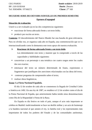Première page de Espagnol 2nde A & B — 2e devoir surveillé (2018-2019) · CEG PAHOU