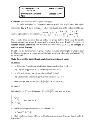 Première page de Mathématiques 2nde A & B — Devoir surveillé (2022-2023) · CEG2 ABOMEY - CALAVI (CEG ZOCA)