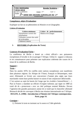 Première page de Histoire-Géographie 3e, 3e ML — 2e devoir surveillé, 2e semestre (2018-2019) · CEG OKEDAMA