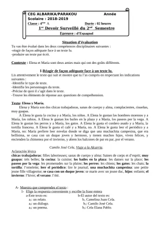 Première page de Espagnol 4e ML, 3e ML, 2nde A, 2nde B, 1ère A1, 1ère A2, 1ère B, Tle A1, Tle A2, Tle B — Devoir surveillé, 2e semestre (2018-2019) · CEG Albarika