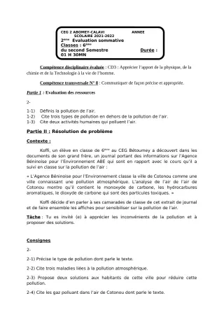 Première page de PCT 6e — 2e évaluation sommative, 2e semestre (2021-2022) · CEG2 ABOMEY - CALAVI (CEG ZOCA)
