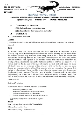 Première page de Anglais 4e — 1re évaluation sommative, 1er semestre (2019-2020) · CEG Dantokpa