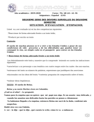 Première page de Espagnol Tle B — 2e devoir surveillé, 2e semestre (2019-2020) · CEG ADJOVICODJI 'LES OLIVIERS'