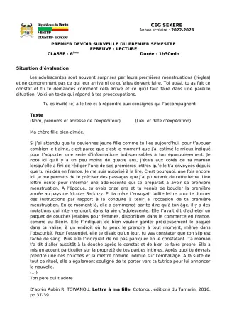 Première page de Français 6e — 1er devoir surveillé, 1er semestre (2022-2023) · CEG SEKERE