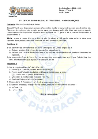 Première page de Mathématiques 1ère A, 1ère B — 2e devoir surveillé, 1er trimestre (2019-2020) · CPEG LE PHARAON