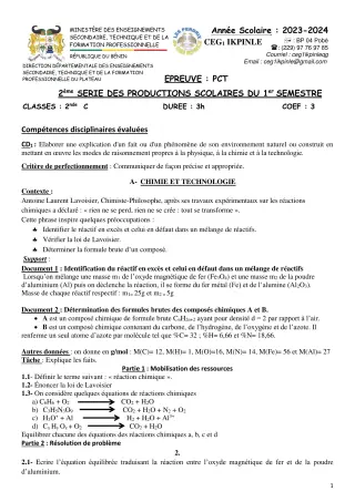 Première page de PCT 2nde C — 2e production scolaire, 1er semestre (2023-2024) · CEG1 Ikpinlè