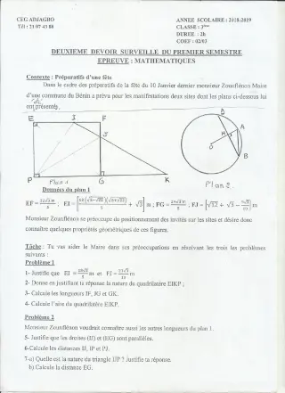 Première page de Mathématiques 3e, 3e ML — 2e devoir surveillé, 1er semestre (2018-2019) · CEG ADJAGBO