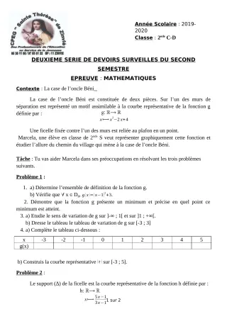 Première page de Mathématiques 2nde D — 2e devoir surveillé, 2e semestre (2019-2020) · CPEG Ste Thérèse de Zinvié