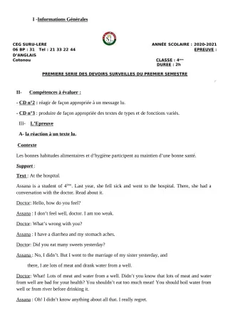 Première page de Anglais 4e — 1er devoir surveillé, 1er semestre (2020-2021) · CEG SURU-LERE