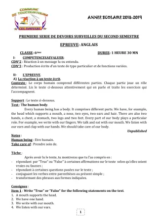 Première page de Anglais 6e, 5e, 4e, 4e ML, 3e, 3e ML — 1er devoir surveillé, 2e semestre (2018-2019) · CEG TAMPÈGRÉ