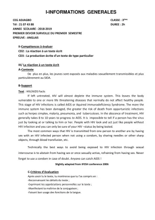 Première page de Anglais 3e, 3e ML — 1er devoir surveillé, 1er semestre (2018-2019) · CEG ADJAGBO