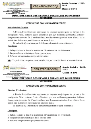 Première page de Français 6e, 5e, 4e ML, 3e — 2e devoir surveillé, 1er semestre (2022-2023) · CEG ATROKPOCODJI