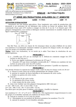 Première page de Mathématiques 5e — 1re production scolaire, 1er semestre (2023-2024) · CEG1 Ikpinlè
