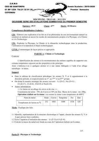 Première page de PCT 4e — 2e évaluation sommative, 1er semestre (2019-2020) · CEG Dantokpa