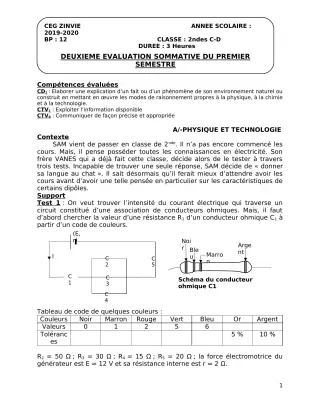 Première page de PCT 2nde C, 2nde D — 2e évaluation sommative, 1er semestre (2019-2020) · CEG Zinvié