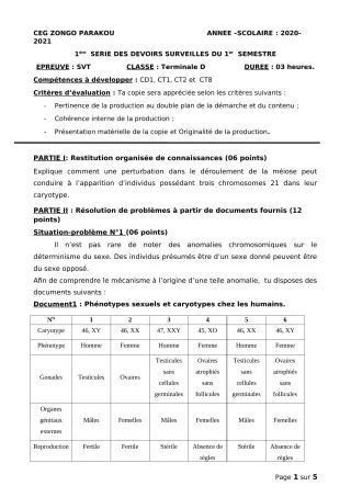 Première page de SVT Tle D — 1er devoir surveillé, 1er semestre (2020-2021) · CEG ZONGO