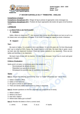 Première page de Anglais 6e — 1er devoir surveillé, 1er trimestre (2019-2020) · CPEG LE PHARAON