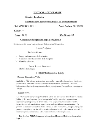 Première page de Histoire-Géographie 3e, 3e ML — 2e devoir surveillé, 1er semestre (2019-2020) · CEG MAREGOUROU
