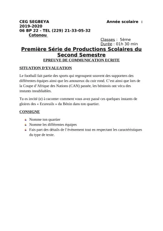 Première page de Français 5e — 1re production scolaire, 2e semestre (2019-2020) · CEG SEGBEYA