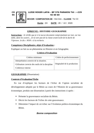 Première page de Histoire-Géographie Tle C, Tle D — Composition (2020-2021) · CPEG Roger LAFIA