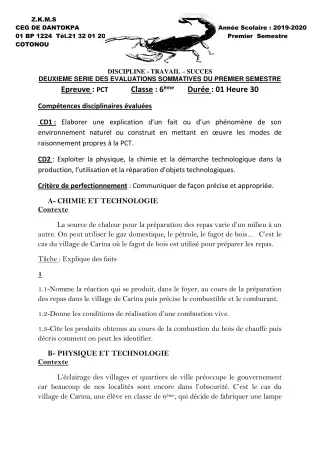 Première page de PCT 6e — 2e évaluation sommative, 1er semestre (2019-2020) · CEG Dantokpa