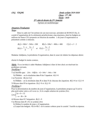 Première page de Mathématiques 2nde A, 2nde A1, 2nde A2, 2nde C, 2nde D — 2e devoir surveillé, 2e semestre (2019-2020) · CEG Yagbe