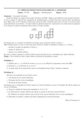 Première page de Mathématiques 2nde A, 2nde B — Production scolaire, 1er semestre (2019-2020) · CEG1 Adjarra