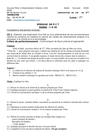 Première page de PCT 5e — Composition, 1er trimestre (2019-2020) · CPEG LICA