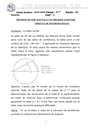 Première page de Mathématiques 3e — 1er devoir surveillé, 1er semestre (2019-2020) · CEG ADJOVICODJI 'LES OLIVIERS'