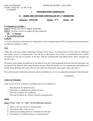 Première page de Anglais 4e, 4e ML — Devoir surveillé, 1er semestre (2022-2023) · CEG LE NOKOUE