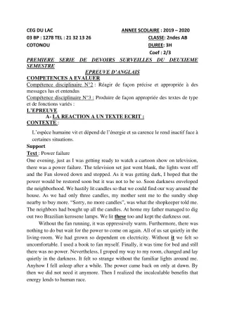 Première page de Anglais 2nde A, 2nde B — 1er devoir surveillé, 2e semestre (2019-2020) · CEG du Lac