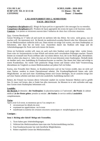 Première page de Devoir surveillé de ALLEMAND — Tle A2, Tle B — CEG du Lac (2018)
