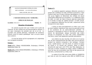 Première page de Français 6e, 3e, 3e ML, 2nde A, 2nde C, 2nde D, 1ère A, 1ère C, 1ère D, Tle A, Tle C, Tle D — 1er devoir surveillé, 1er semestre (2018-2019) · ceg guema