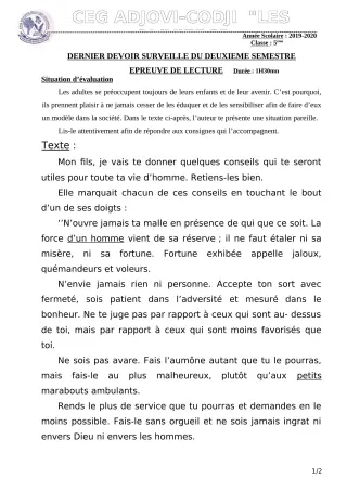 Première page de Français 5e — Devoir surveillé, 2e semestre (2019-2020) · CEG ADJOVICODJI 'LES OLIVIERS'