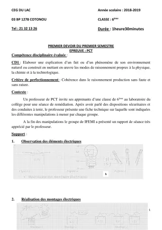 Première page de PCT 6e — 1er devoir surveillé, 1er semestre (2018-2019) · CEG du Lac