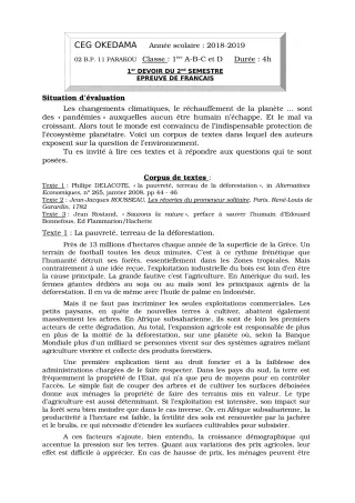 Première page de Français 1ère A1, 1ère A2, 1ère B, 1ère C, 1ère D — 1er devoir surveillé, 2e semestre (2018-2019) · CEG OKEDAMA
