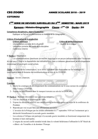 Première page de Histoire-Géographie 1ère C, 1ère D — 1er devoir surveillé, 2e semestre (2018-2019) · CEG ZOGBO