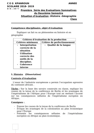 Première page de Histoire-Géographie 4e — 1re évaluation sommative, 2e semestre (2018-2019) · CEG Kpanroun