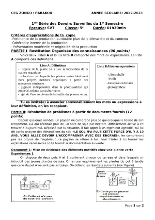 Première page de SVT 5e — 1er devoir surveillé, 1er semestre (2022-2023) · CEG ZONGO
