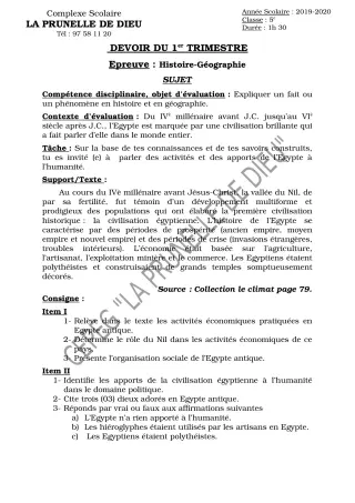 Première page de Histoire-Géographie 5e — Devoir surveillé, 1er trimestre (2019-2020) · CEPG La Prunelle de Dieu
