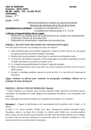 Première page de SVT 6e — 1re production scolaire, 2e semestre (2021-2022) · CEG LE NOKOUE