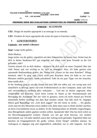 Première page de Allemand Tle A & B — 1re évaluation sommative, 1er semestre (2019-2020) · CEG1 Allada
