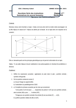 Première page de Mathématiques 4e — 2e évaluation sommative, 2e semestre (2021-2022) · CEG2 ABOMEY - CALAVI (CEG ZOCA)