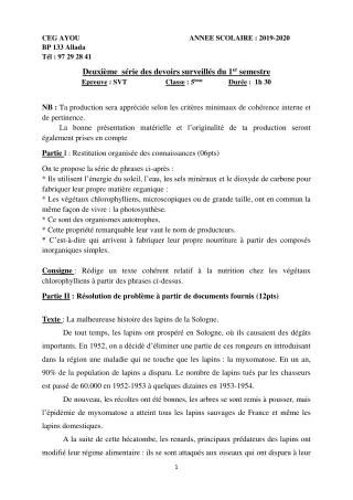 Première page de SVT 5e — 2e devoir surveillé, 1er semestre (2019-2020) · CEG AYOU