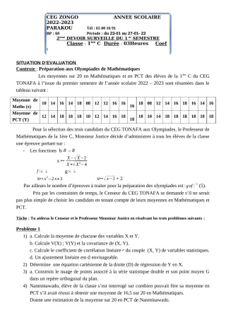 Première page de Mathématiques 1ère C — 2e devoir surveillé, 1er semestre (2022-2023) · CEG ZONGO