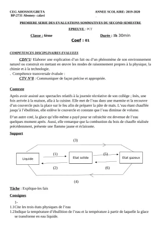 Première page de PCT 6e — 1re évaluation sommative, 2e semestre (2019-2020) · CEG Ahossougbéta