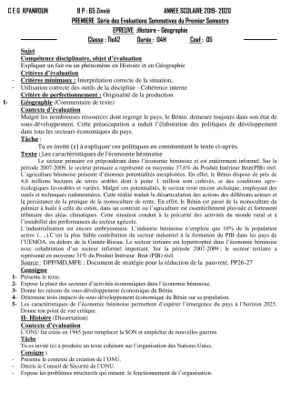 Première page de Histoire-Géographie Tle A2 — 1re évaluation sommative, 1er semestre (2019-2020) · CEG Kpanroun