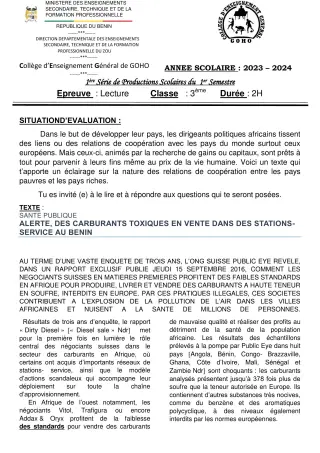 Première page de Français 3e — 1re production scolaire, 1er semestre (2023-2024) · CEG GOHO