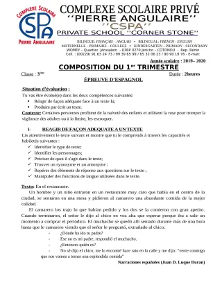 Première page de Espagnol 3e ML — 3e composition (2019-2020) · CPEG PIERRE ANGULAIRE
