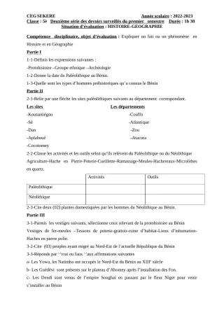 Première page de Histoire-Géographie 5e — 2e devoir surveillé, 1er semestre (2022-2023) · CEG SEKERE